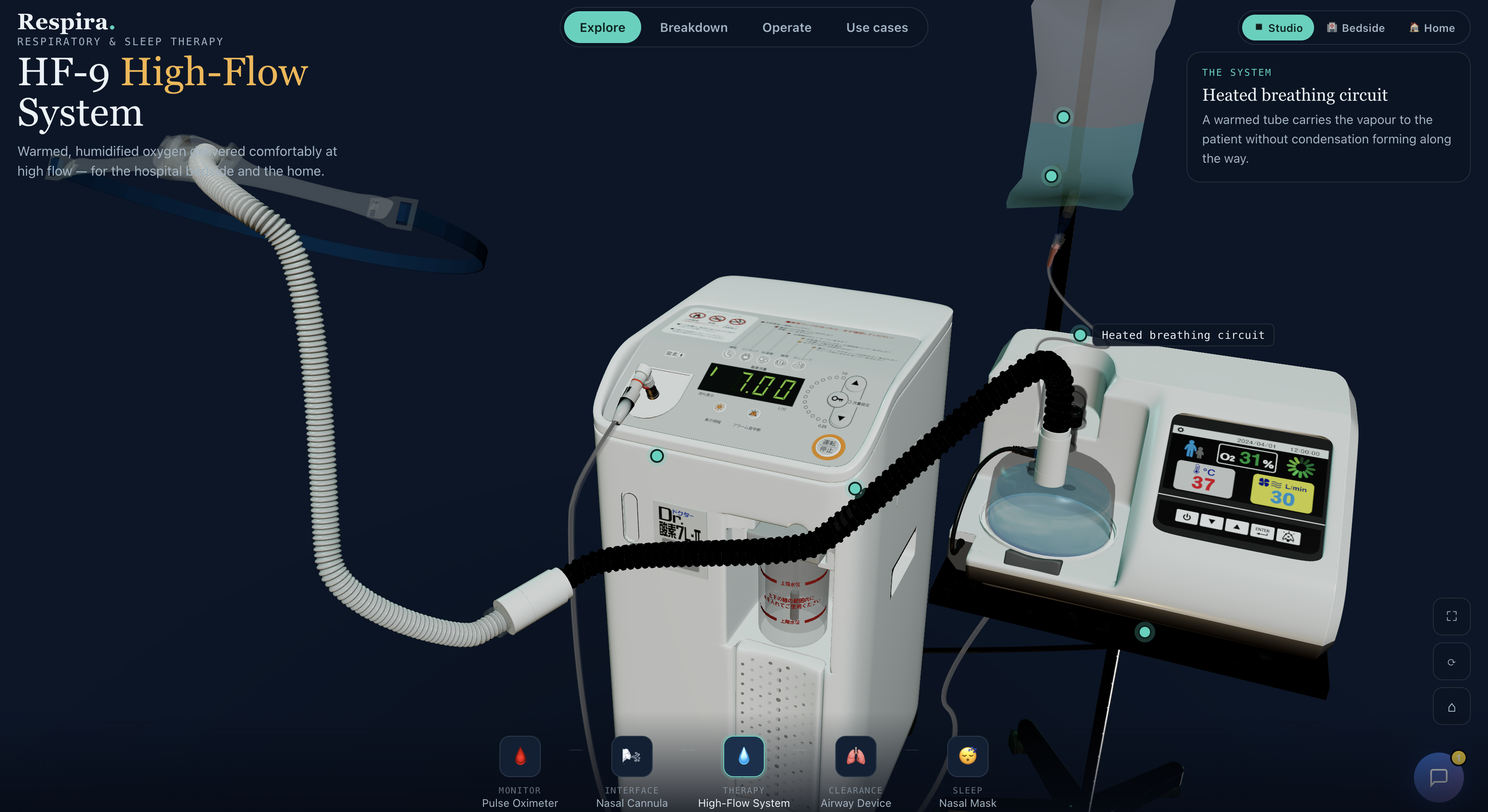 Interactive 3D medical device showcase — multiple medical devices explorable in the browser with tap-to-explore mechanism-of-action markers, exploded breakdowns, live operating readouts, and clinical use cases, for product launches, trade shows, and sales, built by Tommy at xImmersion
